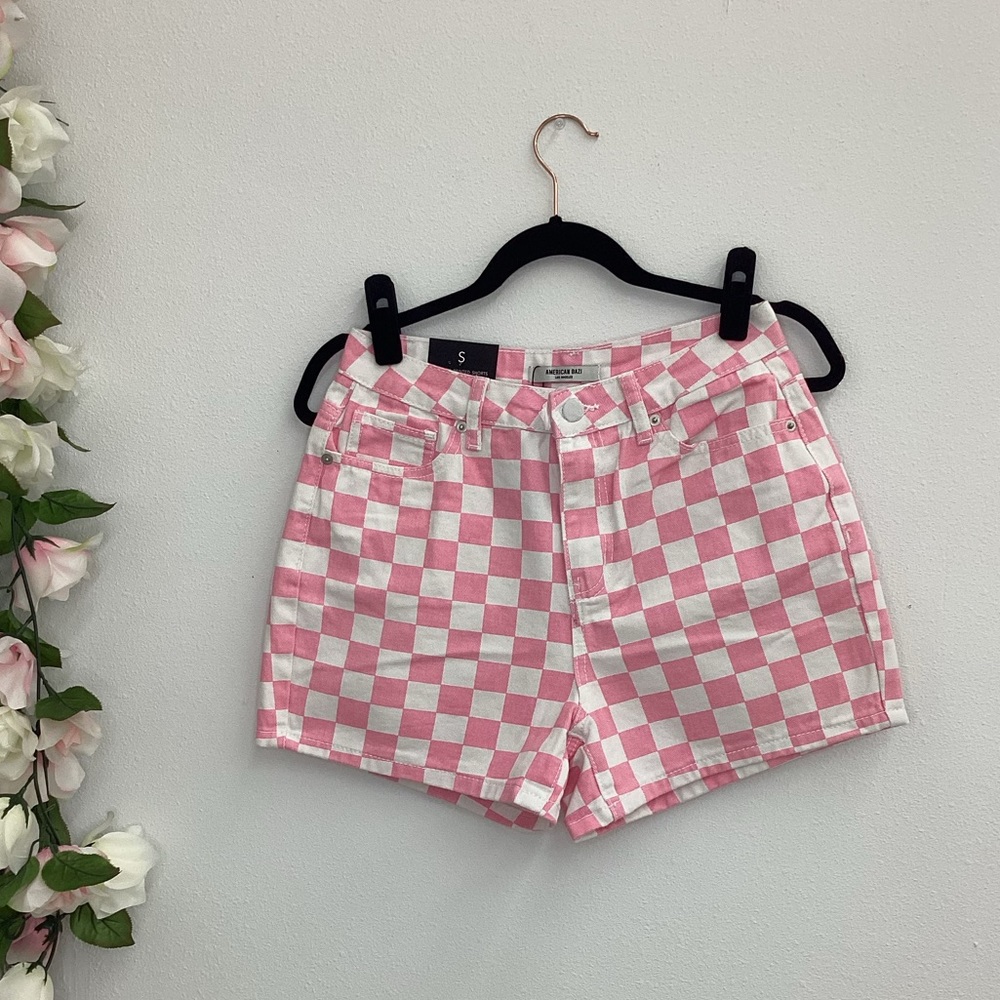 ‘Let’s Go Party’ pink white checkered denim shorts